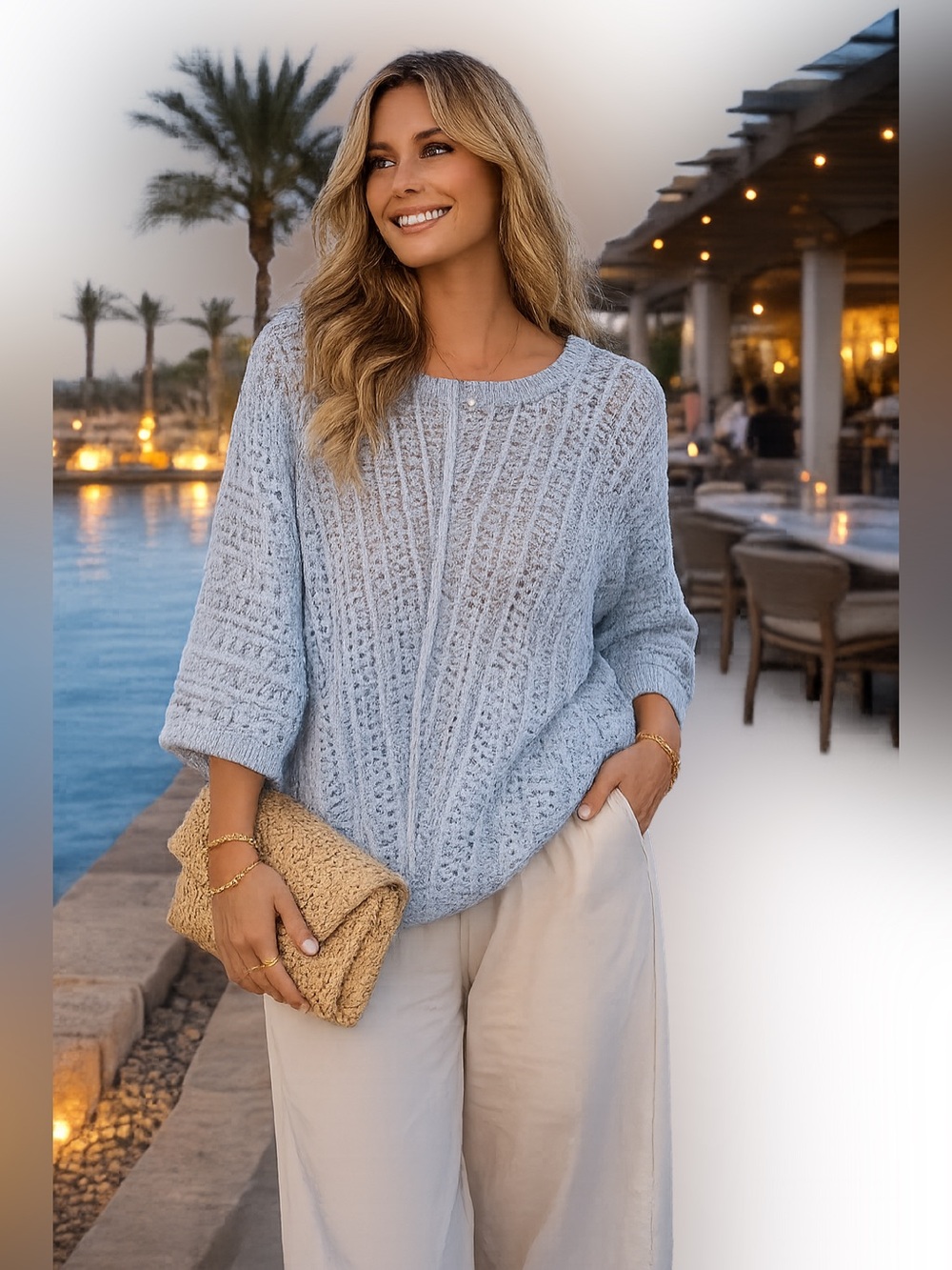 STACCATO Baby Blue Open Knit Sweater M Oversized 3/4 Sleeve Lightweight Boho